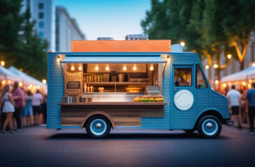 A cozy restaurant on wheels (food truck) stands on the street, street food concept