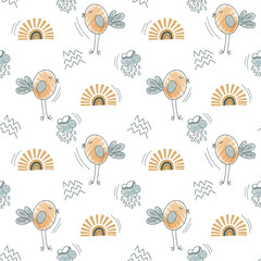 Cute simple background with nursery doodle elements. Seamless pattern with birds clouds and sun.