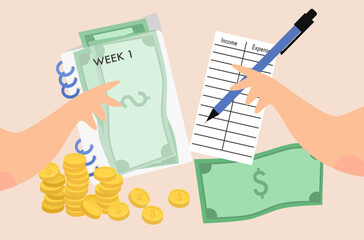 Flat design of cash stuffing vector, money stuffing in envelope vector, woman is saving money vector, budget planning vector, woman is planning on weekly budget, income and expense management.