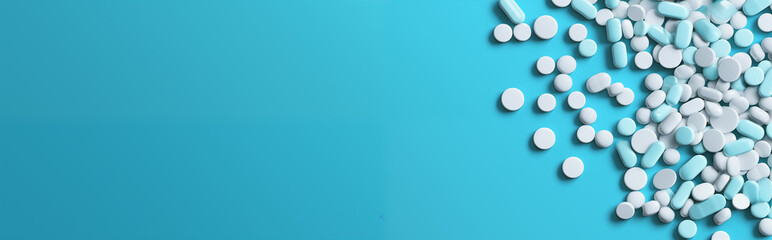 White and light blue tablets on a blue background in banner format