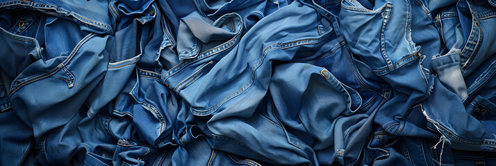 Denim background. Variety of crumpled blue jeans