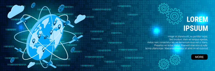 Digital technology banner vector design template. Global communication flat 3d isometric concept