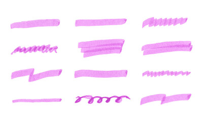 Pink doodle elements,  highlighters marker stripe. Collection brushes for underline note.  Vector set