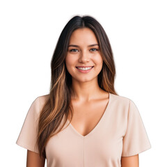Closeup photo of beautiful smiling caucasian woman with long hair looking at camera. Headshot isolated on a transparent background