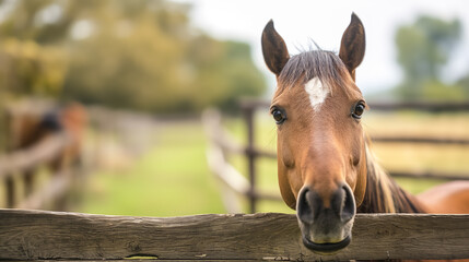 Curious horse peeking over a wooden fence.