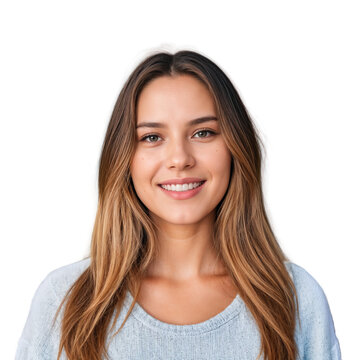 Closeup photo of beautiful smiling caucasian woman with long hair looking at camera. Headshot isolated on a transparent background