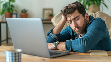 Man tired and frustrated while using a laptop.