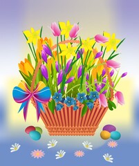 Easter composition with a basket of flowers and Easter eggs