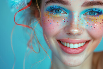 Cute girl enjoying playing with makeup, beautiful, vibrant pastel color palette, close up