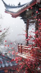 Winter in China with plum blossoms against a snowy backdrop 3d rendering,
