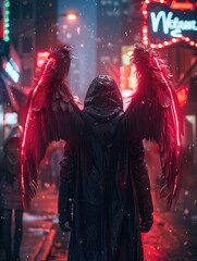 Mothman, wings, cryptid, standing in a bustling city square, under the glow of neon lights,...