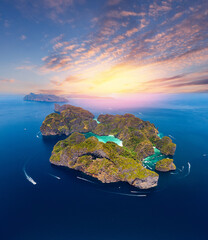Tropical Phi Phi Leh island with turquoise water Maya Bay, Krabi Thailand Aerial top view. Amazing...