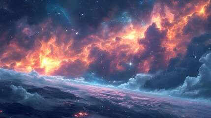 Fantasy scene with magnificent sky. Majestic clouds in different situations.
