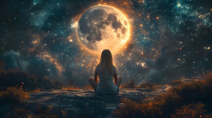 A girl meditates against the backdrop of a large moon. Yoga, astrology concept. - obrazy, fototapety, plakaty
