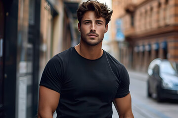 male model in a black cotton t-shirt at the city street