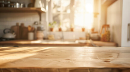 kitchen table background, wood counter top on blur of white clean abstract home interior with bokeh.  used for display or montage your wooden for dining background. tabl banner, podium - obrazy, fototapety, plakaty