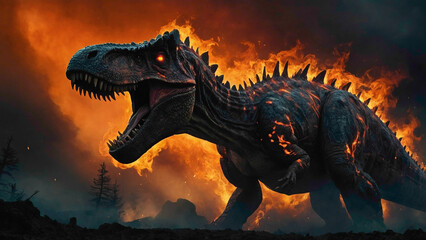 dinosaurs with wings scary face with burning fire abstract background of the animals of earlier century  