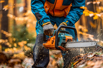 Lumberjack at Work: Man Using Chainsaw in the Forest, Cutting Timber with Precision, a Glimpse into Woodworking