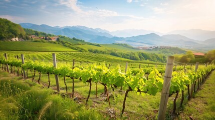 Generative AI : Sunny vineyard on the hills of Vipava valley, Slovenia. Spring rural landscape