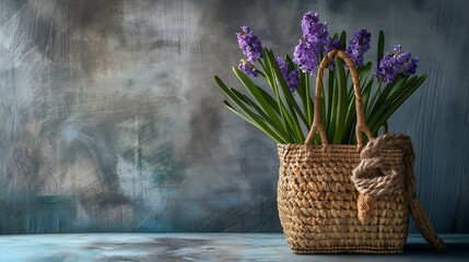 Generative AI : Beautiful straw bag with seasonal flowers of hyacinth and carnation blossom - obrazy, fototapety, plakaty
