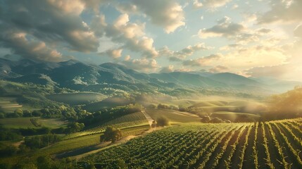 Generative AI : The picturesque landscape with vineyards against mountains.