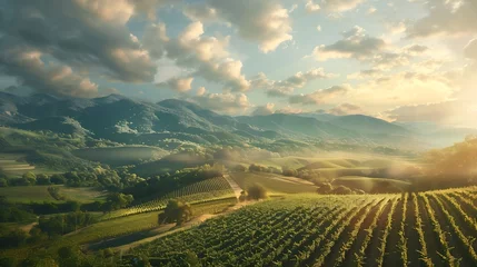 Fotobehang Generative AI : The picturesque landscape with vineyards against mountains. © The Little Hut