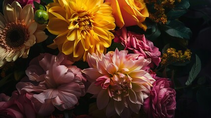 Generative AI : Beautiful flower bouquet in warm colors. Yellow and pink vivid flowers - obrazy, fototapety, plakaty