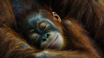 wide shot of a baby orang utan sleeping in the arms of his mother, in the jungle