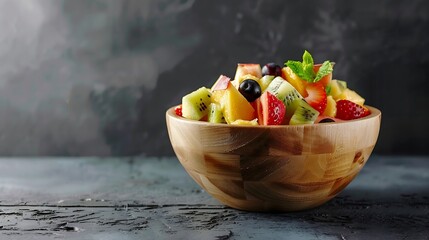 Generative AI : Delicious fruit salad in wooden bowl, closeup
