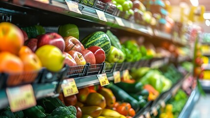 Generative AI : Fresh fruits and vegetables on shelf in supermarket. For healthy concept - obrazy, fototapety, plakaty