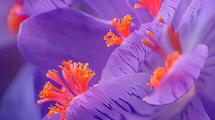 Generative AI : Close up of purple crocus flowers with orange pistil and stamens Arlington,...