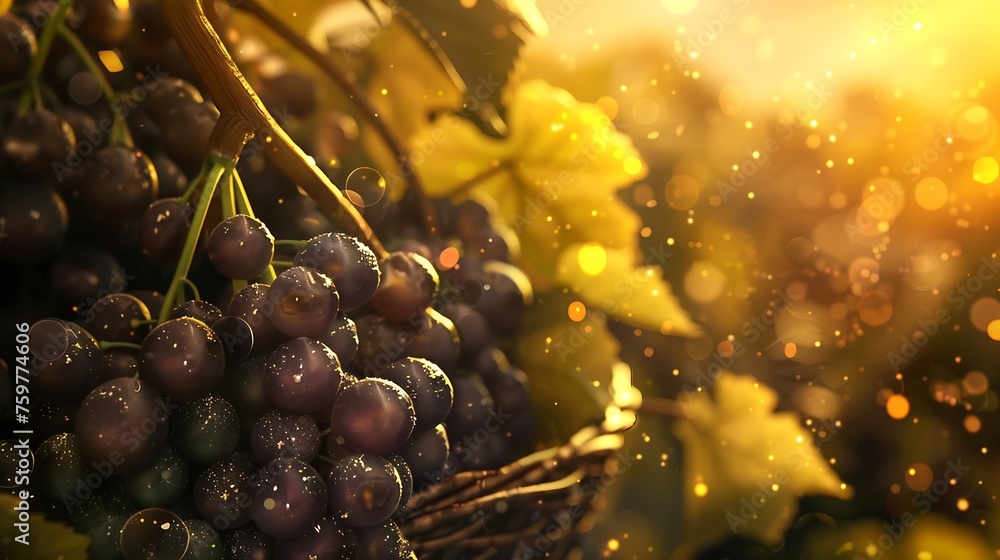 Poster generative ai : ripe syrah grapes on vine, close-up with glow in background and selective focus