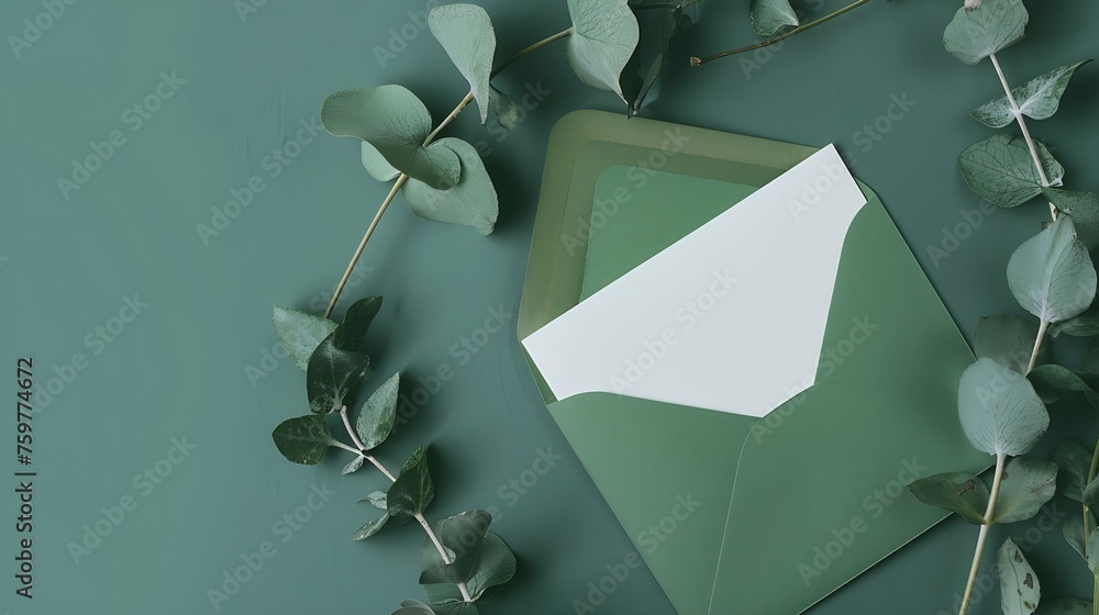 Poster generative ai : blank white card in green envelope with twigs of eucalyptus