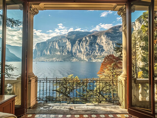 A view of Lake Como from the balcony, overlooking mountains and a blue lake with trees in autumn colors. The room is decorated elegantly with ornate details on its walls and ceiling