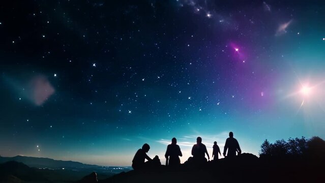Silhouettes of people sitting on top of the mountain at night, Silhouettes of people observing stars in night sky. Astronomy concept, AI Generated