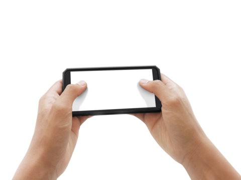 Man's hand holding big screen smart phone, transparent background