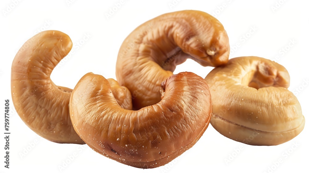 Poster generative ai : close-up three roasted cashew nuts isolated on white background. clipping path.