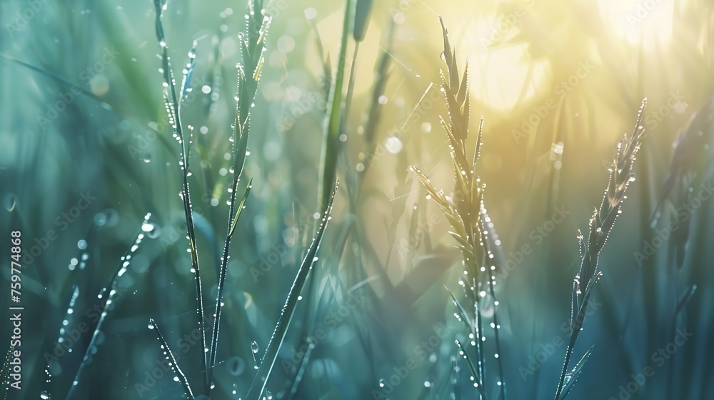 Poster generative ai : grass in the morning wet macro
