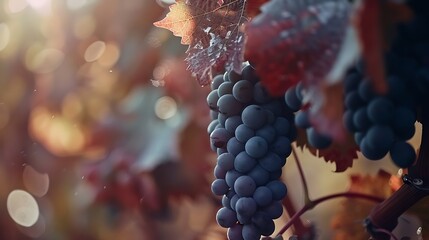 Generative AI : Red wine grapes on its vine ready to be harvested in Italian wine season - obrazy, fototapety, plakaty