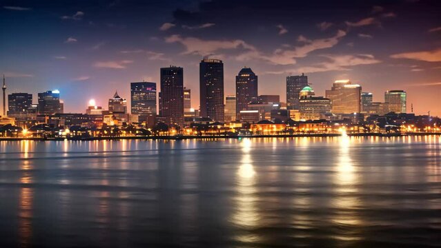 Miami city skyline at dusk with reflection on water, Florida, USA, Skyline of New Orleans with Mississippi River at Dusk, AI Generated