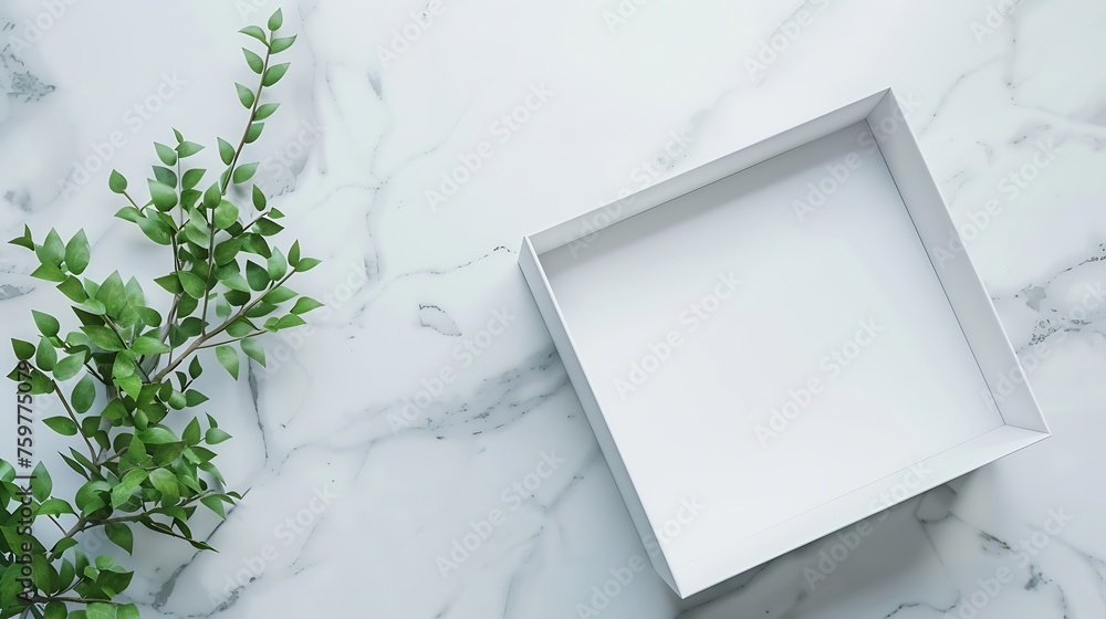 Poster generative ai : white box open on marble table with green plant, flatlay