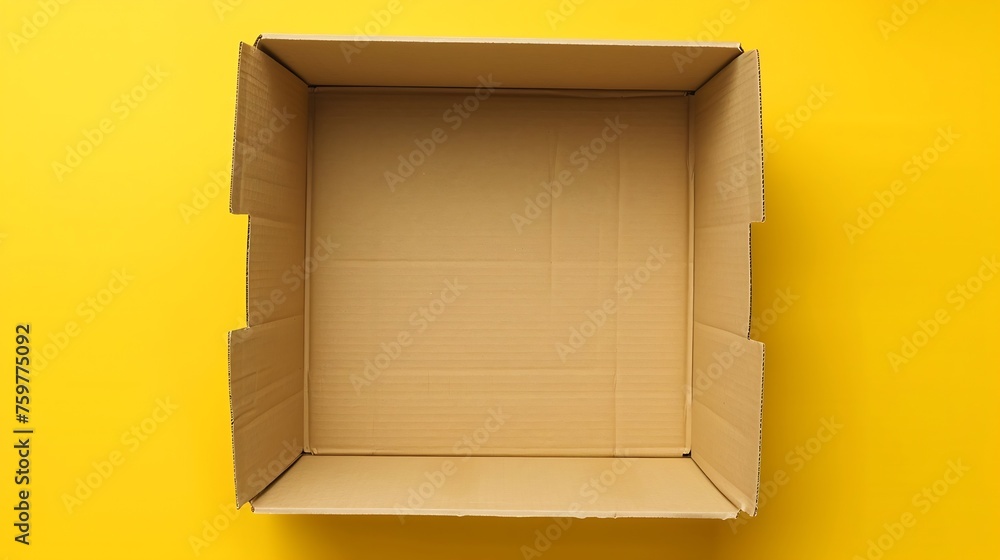 Aufkleber Generative AI : Open empty cardboard box on yellow background. Top view