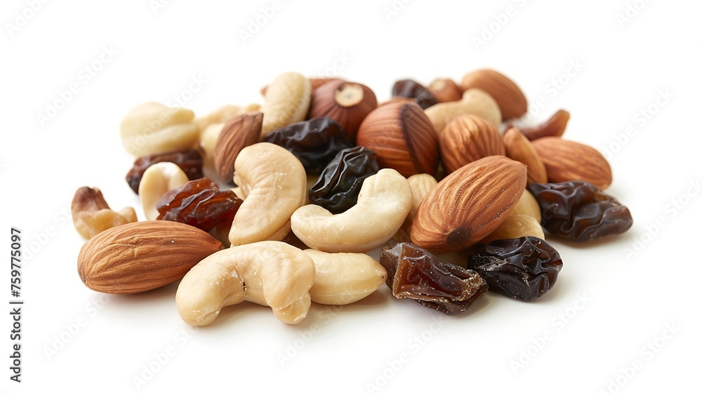Poster generative ai : mixed fresh nuts and raisins isolated on white background