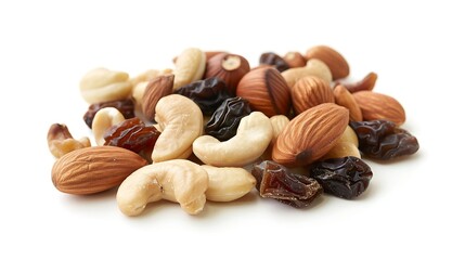 Generative AI : Mixed fresh nuts and raisins isolated on white background