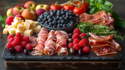 Charcuterie board with assorted meats, cheeses, fruits, and herbs. Close-up photography. Food and gourmet concept. Design for poster, wallpaper.