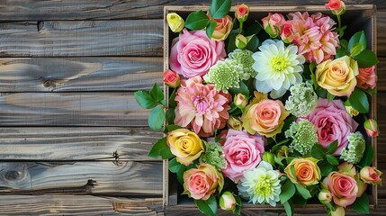 Generative AI : floral arrangement in the box, pink eustoma, green and pink chrysanthemum, white carnation, 