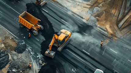 Generative AI : Repair of the old and construction of a new asphalt road.