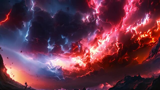 Fantasy landscape with lightning in the night sky. 3d rendering, space storm, AI Generated