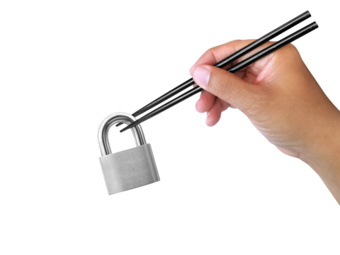new idea concept male hand with chopsticks holds locked Silver Padlock, transparent background