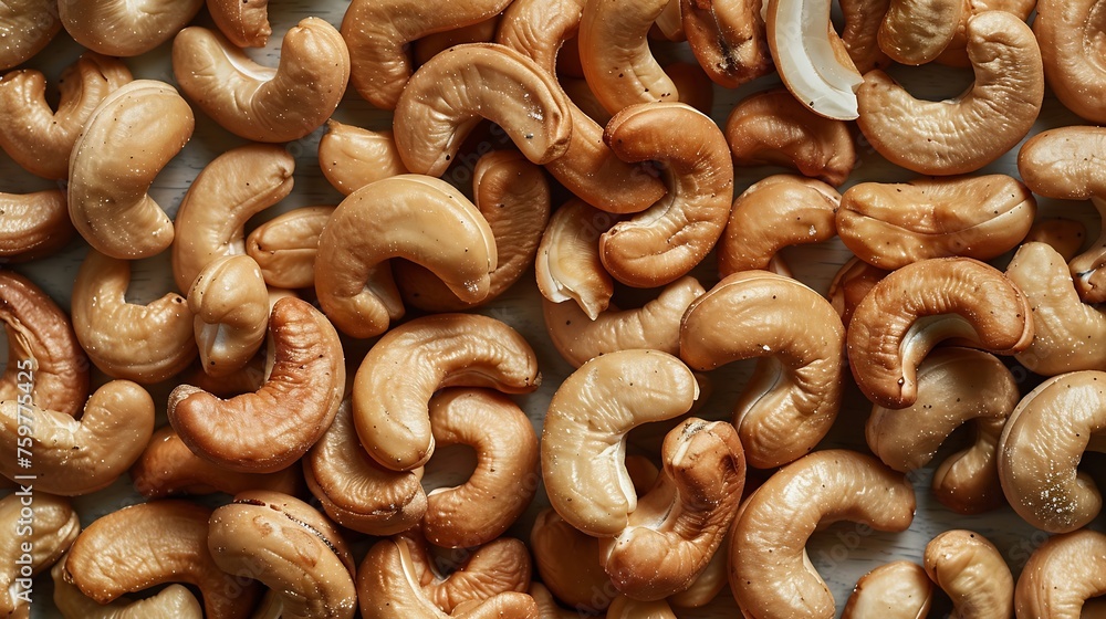 Poster generative ai : roasted cashew nuts, texture and background. top view.